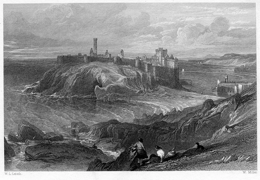 1845 engraving of Peel Castle on a rocky islet in the sea, its ruined tower and walls silhouetted against a cloudy sky, with figures on the rocks in the foreground.