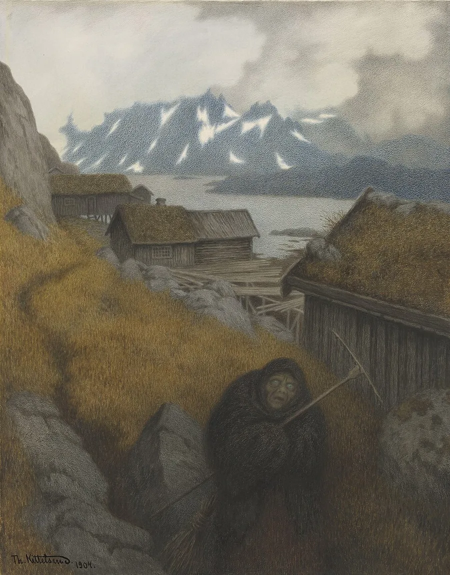 Theodor Kittelsen's Pesta farer landet rundt (1904) — Pesta with her rake and broom on the path between coastal farm buildings, pale eyes under her black hood, snow-streaked peaks behind.