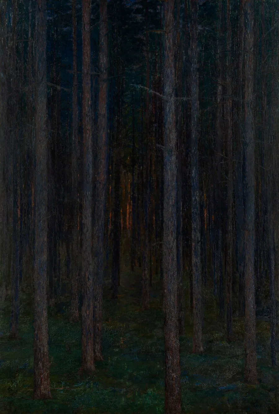 Prince Eugen's Skogen (The Forest), 1892: slender pine trunks massed in twilight over a dark mossy floor, with a low ember of orange sunset burning between the trees at the center.