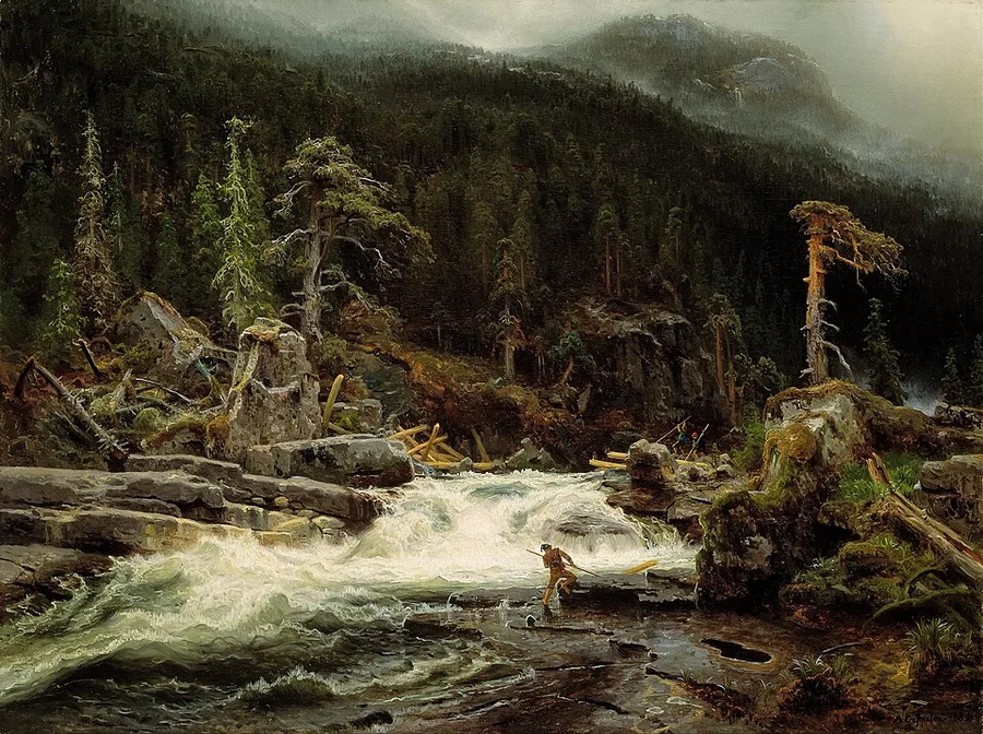 August Cappelen's 1852 painting of a waterfall in lower Telemark — white water tearing through a dark forest gorge, log-drivers working timber at the fall's edge.