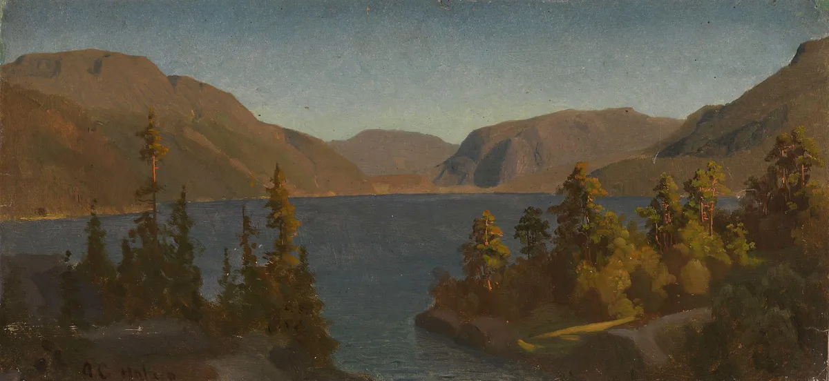 August Cappelen's painting of a still inland lake in Telemark — dark glassy water lying empty between bare mountain shoulders, spruce shading the near shore and sunlit pines on a small headland, with no figure anywhere in the scene.