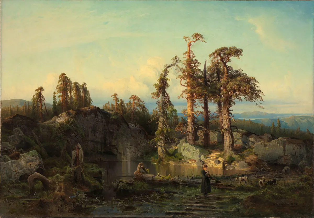 August Cappelen's 1852 painting of a forest tarn in lower Telemark — dark still water held between rock outcrops and towering old pines, a herding girl and a few goats at the shore, wooded ridges and a distant lake in the evening light.