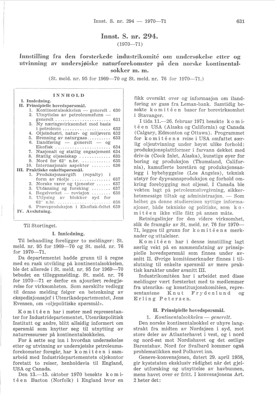 First page of a Norwegian parliamentary document headed 'Innst. S. nr. 294 (1970–71)': the enlarged industry committee's recommendation on exploration and extraction of undersea natural resources, with a boxed table of contents and two columns of dense type.