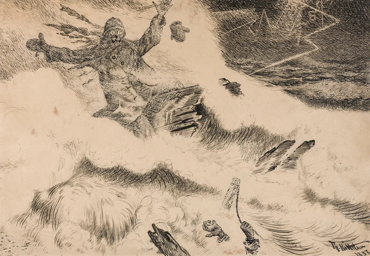 Kittelsen's pen drawing of the draugen — a skull-faced figure in sea-clothes riding the storm surf with arms flung wide, hat in hand, above the smashed timbers of a boat; a lone sailor clings in the foam below a lightning-crossed sky.