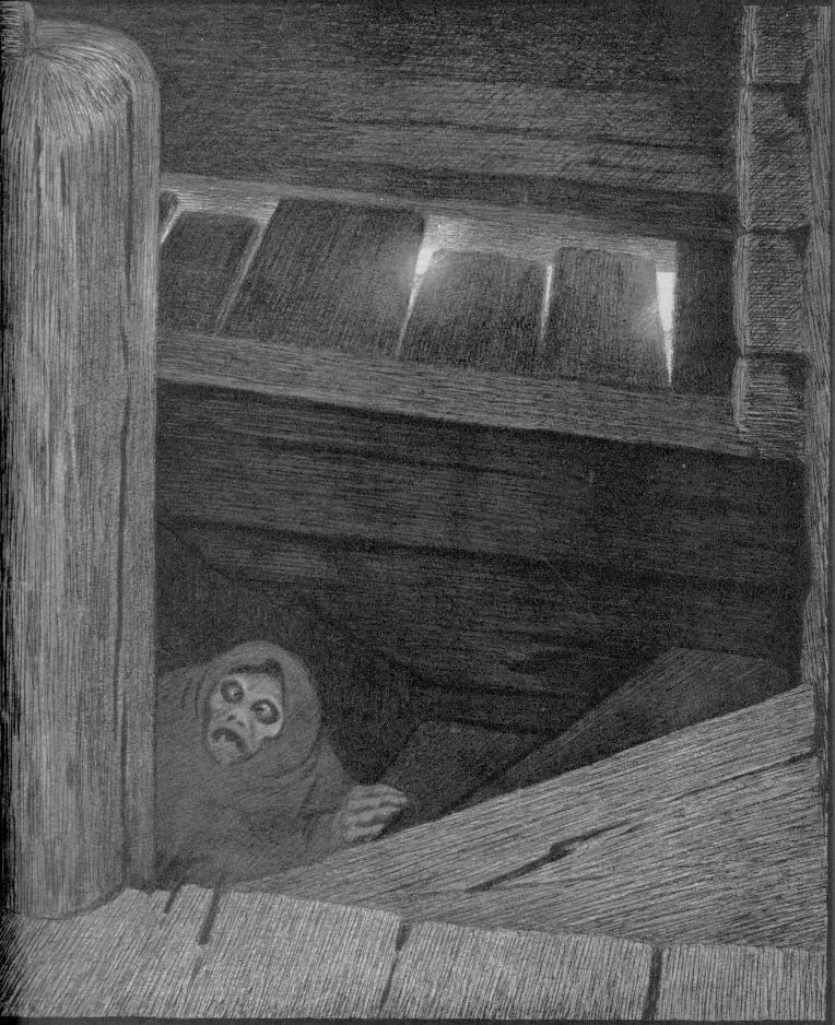 Pesta, the plague as a hooded old woman with hollow eyes, climbs a dark wooden farmhouse stair.