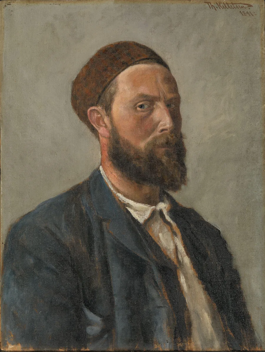 Theodor Kittelsen's 1891 self-portrait — the painter in a round cap and blue jacket, red-bearded, meeting the viewer's eye.