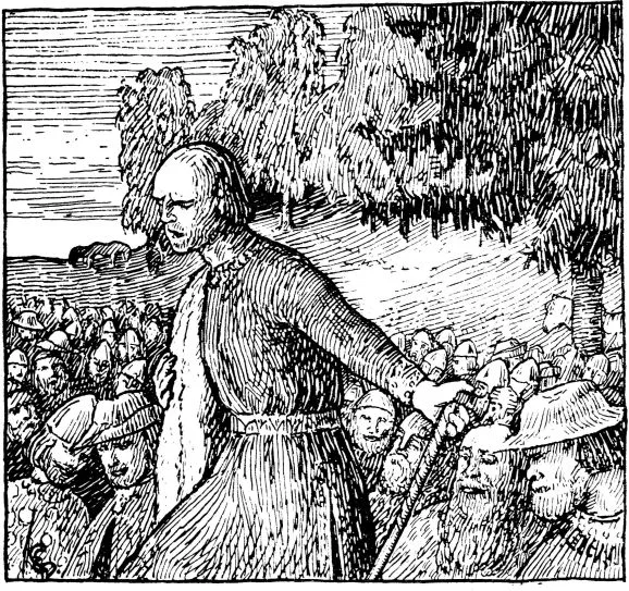Halfdan Egedius's 1899 Heimskringla drawing of a ting in Rogaland — the most eloquent of the farmers rises head and shoulders above the helmeted assembly to speak.