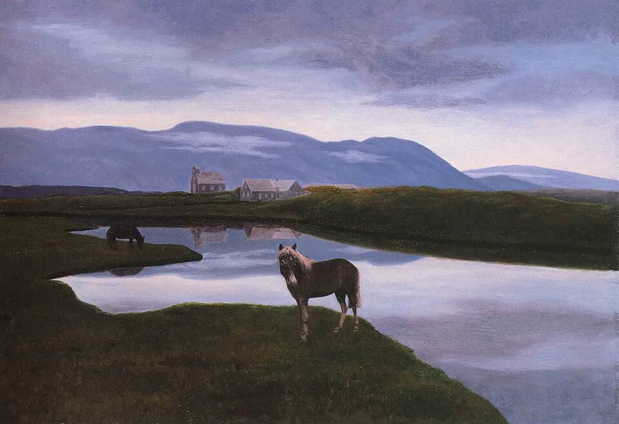 Þórarinn B. Þorláksson's 1900 painting of Þingvellir — a horse standing at the still water of the assembly plain in violet evening light, the church and blue fells behind.