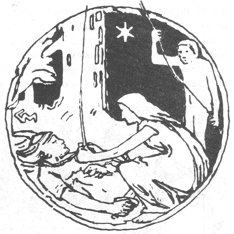 Gerhard Munthe's round black-and-white vignette from the 1899 Heimskringla: Queen Skjálf, in scarf and long gown, crouches over the sleeping King Agni and fastens a cord at his neck, while a man behind her holds the line taut against a night sky with a single large star.