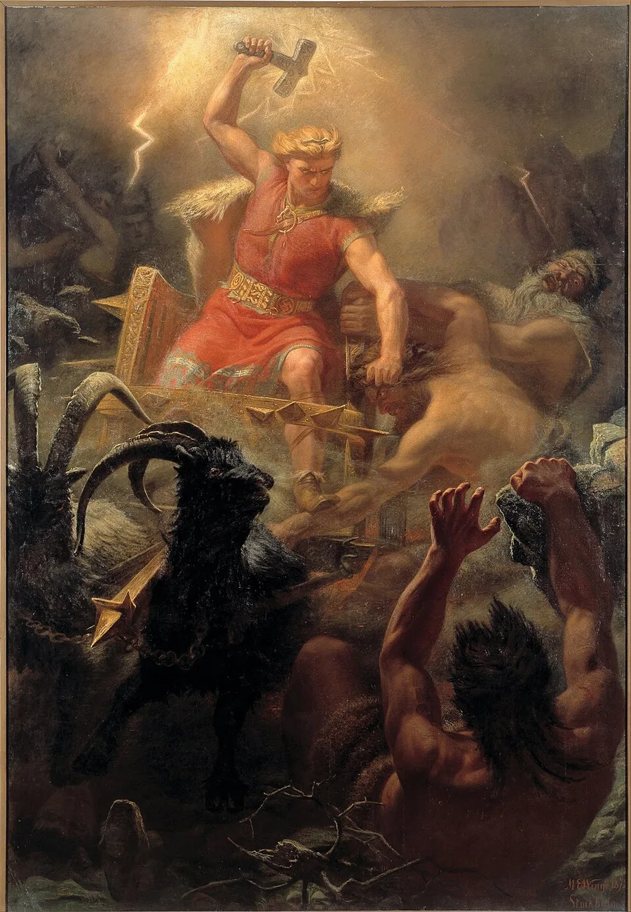 Mårten Eskil Winge's 1872 Tors strid med jättarna — Thor in his goat-drawn chariot amid the storm, swinging Mjölnir overhead as lightning breaks over the fleeing giants.