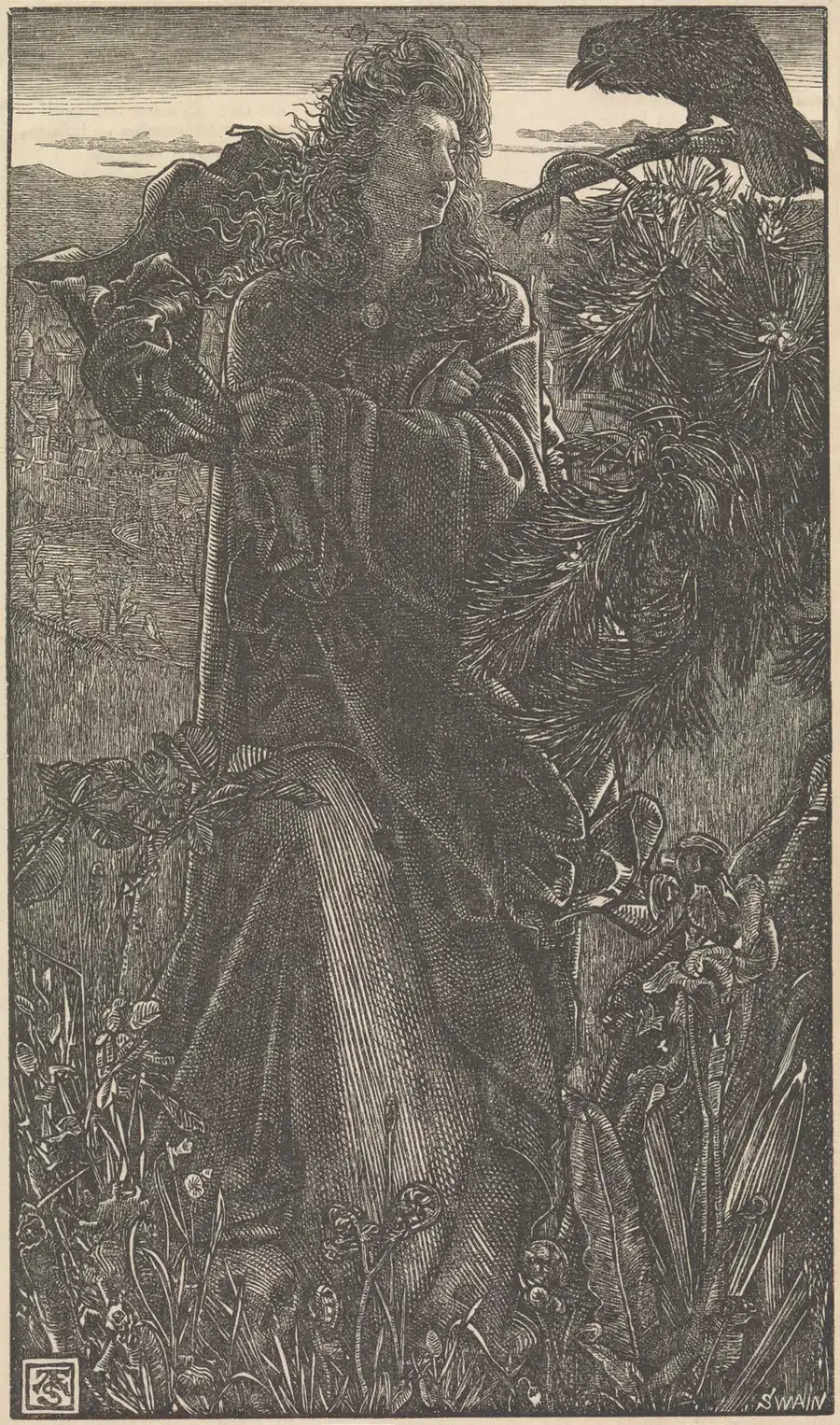 Frederick Sandys's 1862 woodcut, engraved by Joseph Swain: a woman with long flowing hair — the valkyrie — stands wrapped in dark robes among dense wildflowers, gazing up at a raven perched on a bare pine branch, hills and a distant town behind; dense line work.