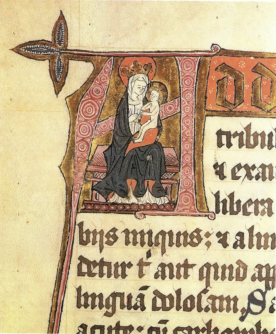 Historiated initial from a Munkeliv Abbey psalter, c. 1450: inside the pink-and-gold letter A, the crowned Virgin sits enthroned with the Christ Child on her lap, surrounded by lines of brown Gothic script from Psalm 120.
