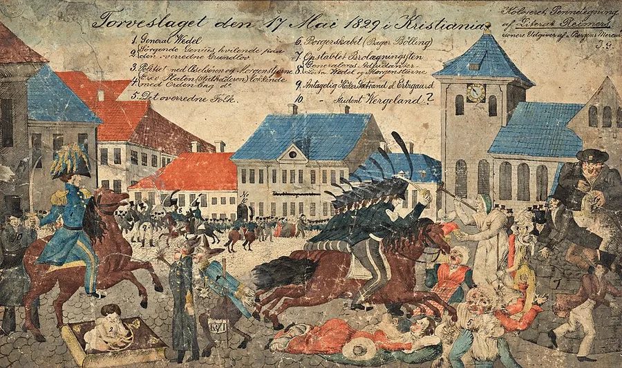 Hand-colored drawing 'Torveslaget den 17 Mai 1829 i Kristiania': plumed cavalry troopers on rearing horses ride into a crowd in the town square as civilians fall and scatter, a numbered key and townscape of gabled buildings and a church tower behind.