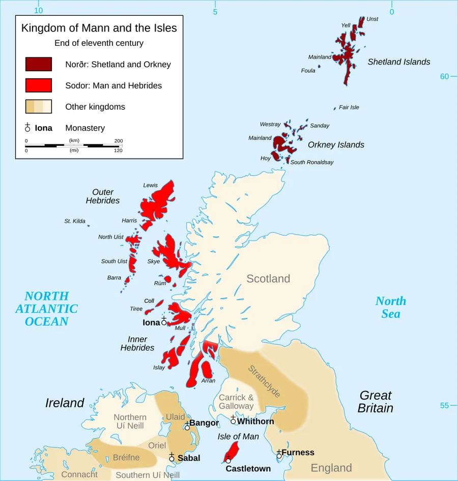 A modern map of the Kingdom of Mann and the Isles at the end of the eleventh century, shading Shetland and Orkney dark red as 'Norðr' and the Hebrides and Isle of Man bright red as 'Sodor,' over an outline of Scotland, Ireland, and Iona.