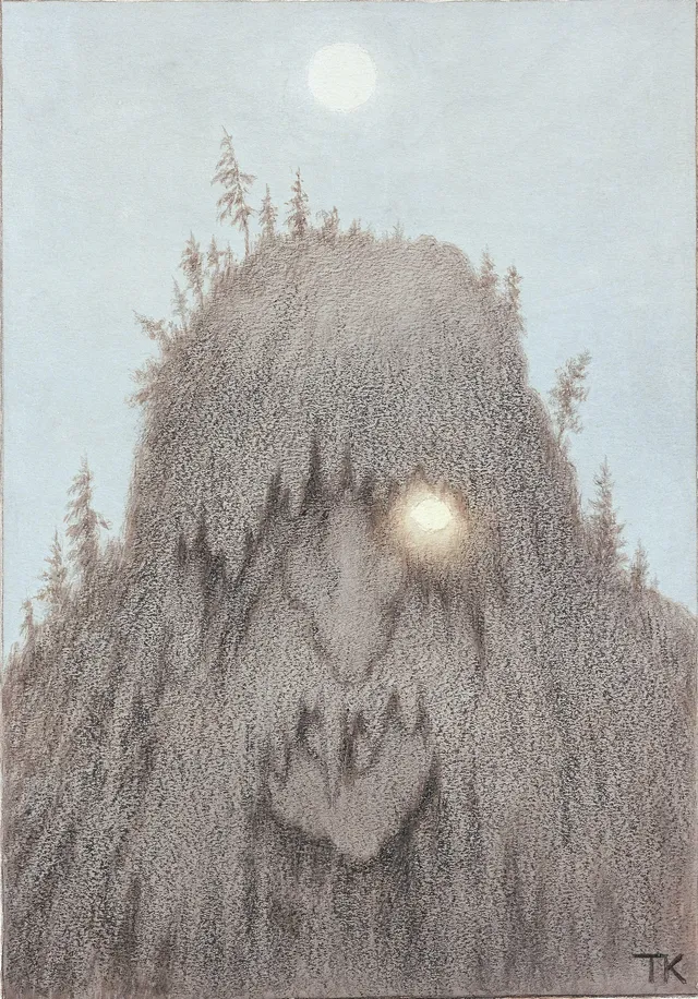 A gigantic troll head rises out of the forest under a pale moon, fir trees growing along its crown and one single eye glinting.