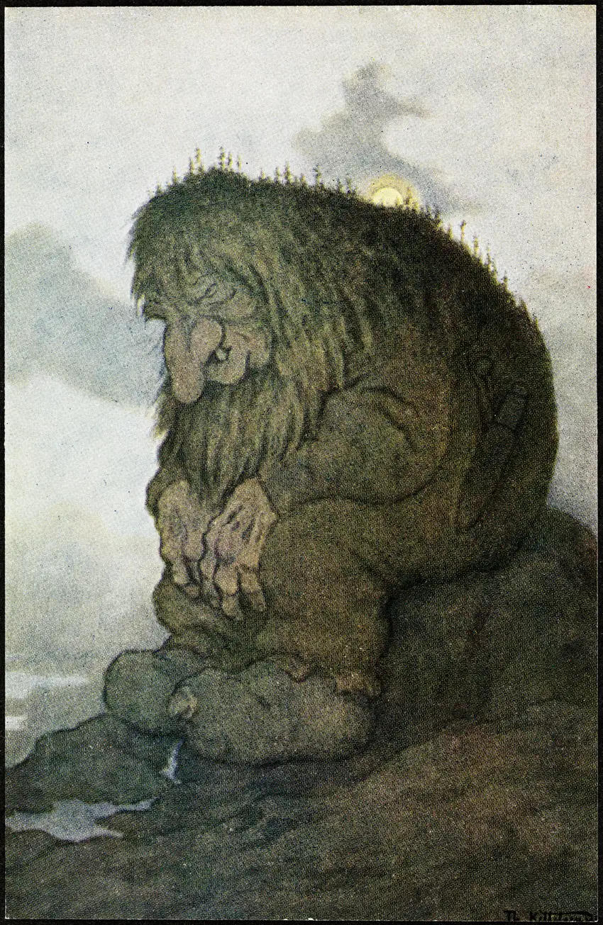 A massive troll sits hunched on a bare rock, eyes shut and chin sunk, huge hands folded in its lap; fir trees grow along its mossy crown and back, and a pale sun glows through the mist behind.