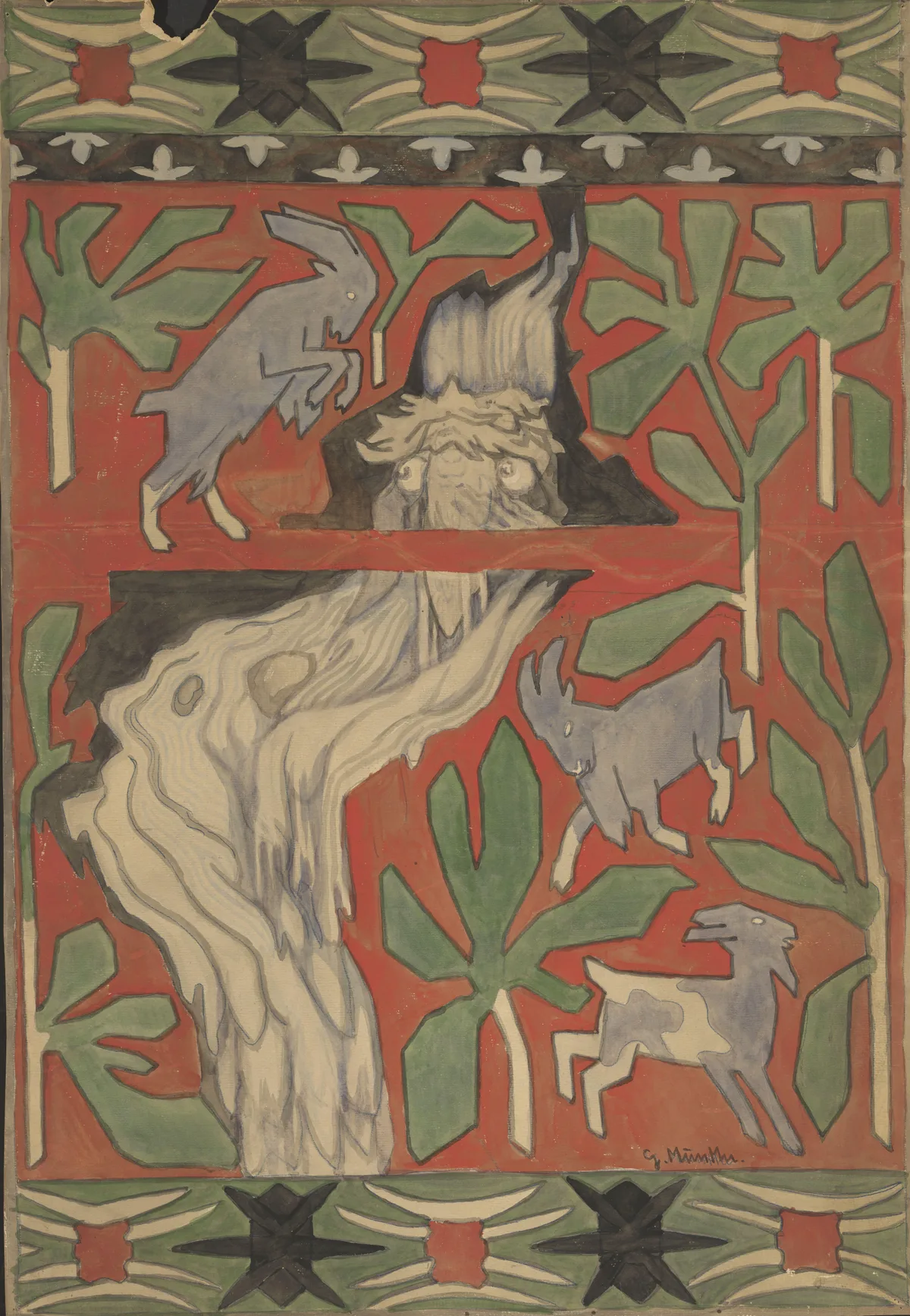 Stylized watercolor in reds and greens: beneath an ornamental border, a troll's pale wide-eyed face peers from under a bridge-band, its hair streaming down like a waterfall, while three grey goats cross among flat patterned trees — signed G. Munthe.