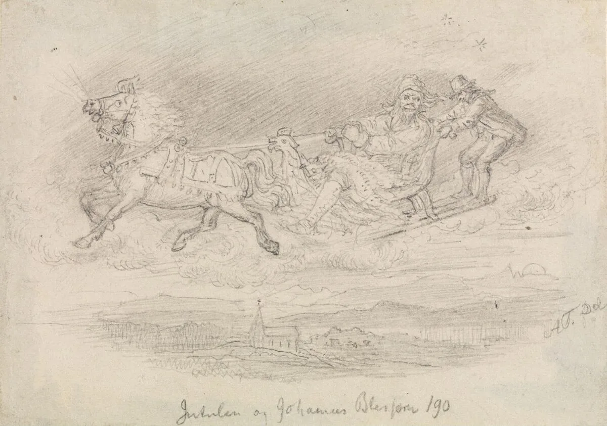 Loose pencil drawing: a horse gallops through the night air drawing a sledge; the jutul sits at the reins in a heavy coat while a smaller man in a hat stands on the runners behind him, and far below lie a village and a church spire. Inscribed "Jutulen og Johannes Blessom."