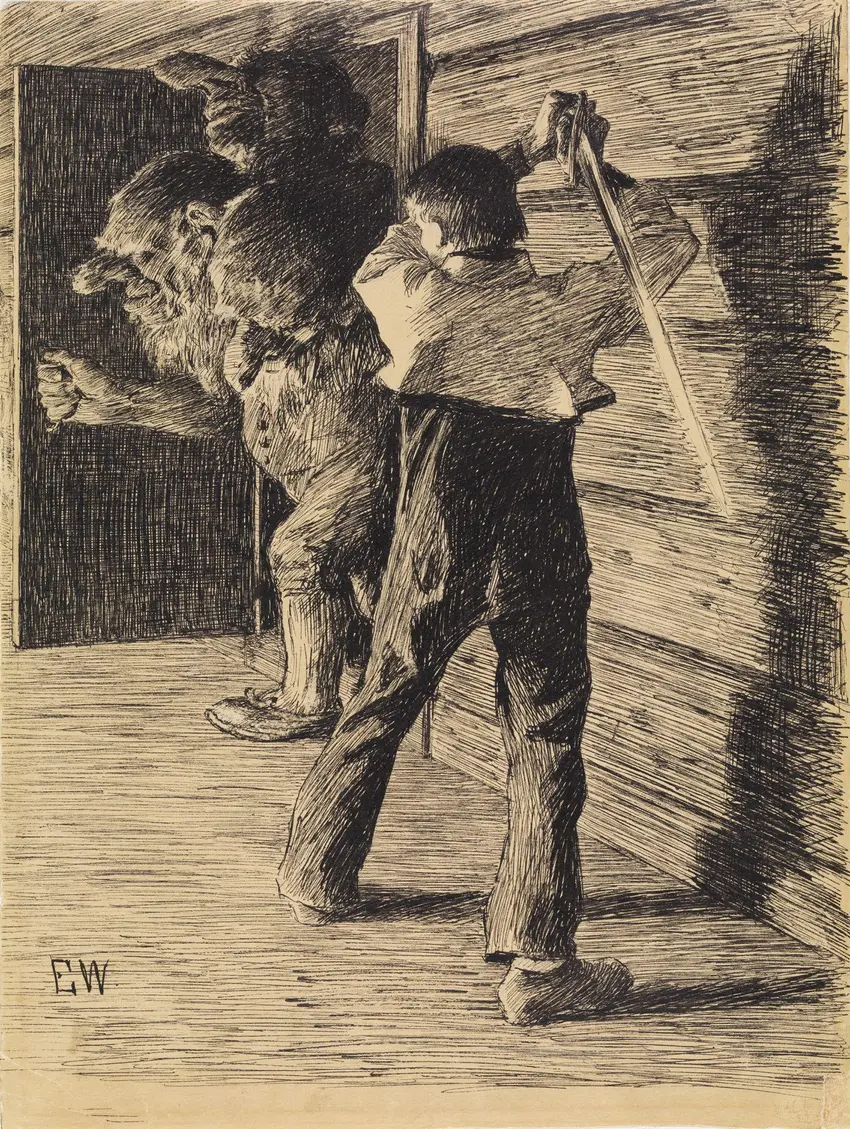 Pen drawing of a timbered hall: a shaggy troll shoulders in through the doorway at left, gripping the door edge with a clenched fist, while a young man seen from behind raises a sword high to strike.