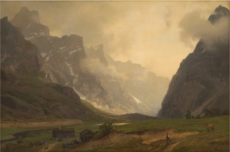 Hans Gude's 1894 painting of the Trolltindene above Romsdalen — the jagged troll-wall crest half-veiled in cloud above valley farms, the foot of Romsdalshorn at right.