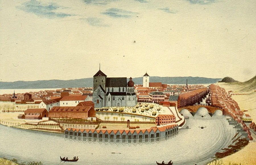 An 1826 painted prospect of Trondheim — Nidaros Cathedral rising over the town inside the river bend, wharf-houses and the old town bridge along the Nidelva.