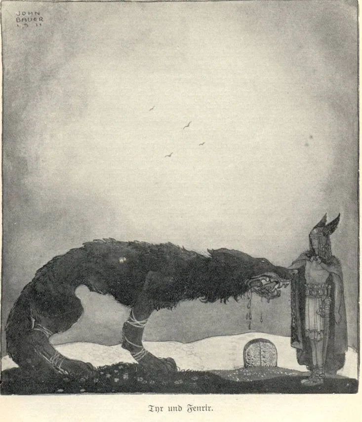 John Bauer's 1911 plate Tyr und Fenrir — the bound grey wolf holds Tyr's right hand in its jaws as the helmeted god stands his ground.