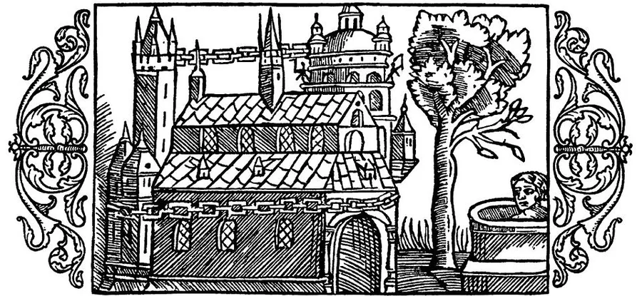Olaus Magnus' 1555 woodcut of the heathen temple at Uppsala — the temple with its golden chain about the roofline, the sacred tree, and the spring beside it.