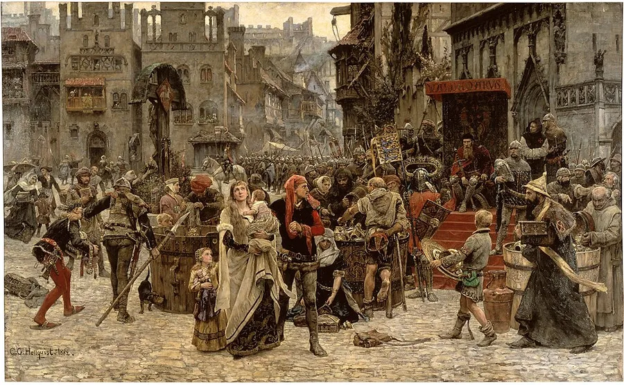 History painting of King Valdemar Atterdag seated on a red-draped dais amid armored guards while townspeople of Visby kneel and file past bringing silver and treasure as ransom, 1361.