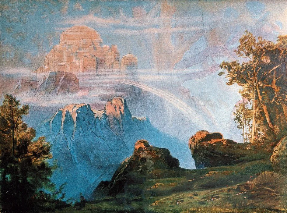 Max Brückner's 1896 stage vision of Walhall — a fortress-hall glowing high in the clouds above blue crags, a rainbow bridge arcing toward it through the mist.