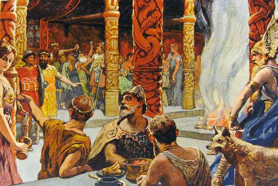 Emil Doepler's Walhall (c. 1905) — the shield-hung hall of the slain, gods and warriors gathered at the feast between carved pillars.
