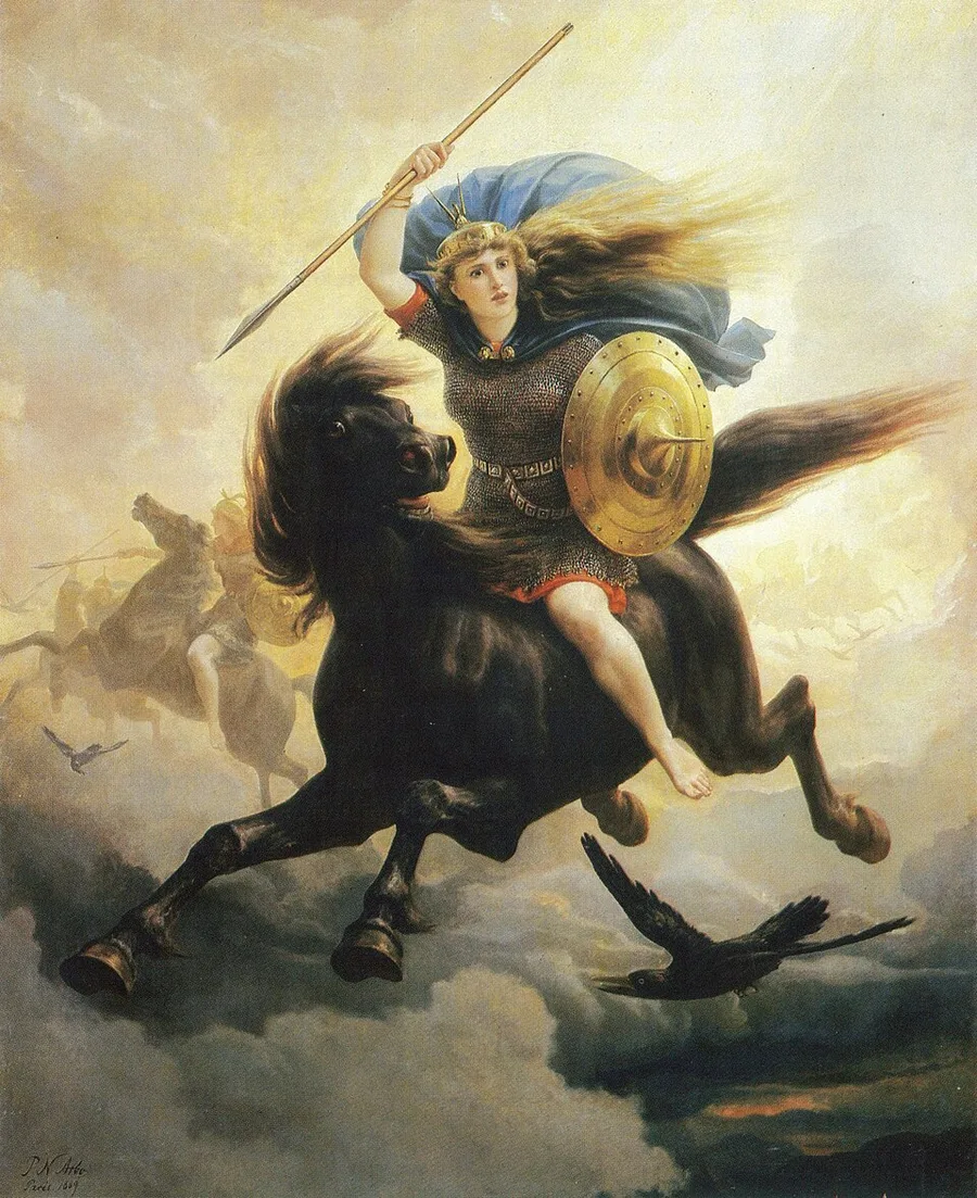 Peter Nicolai Arbo's 1869 Valkyrjen — a valkyrie in mail and helmet galloping through a darkened sky on a black horse, spear in hand, a raven sweeping past below.