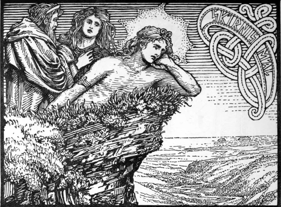 Frey of the Vanir slumped lovesick after seeing the giantess Gerd from Odin's high seat, two figures at his shoulder — W.G. Collingwood's 1908 plate for the Eddic poem Skírnismál, its runic title in knotwork above.