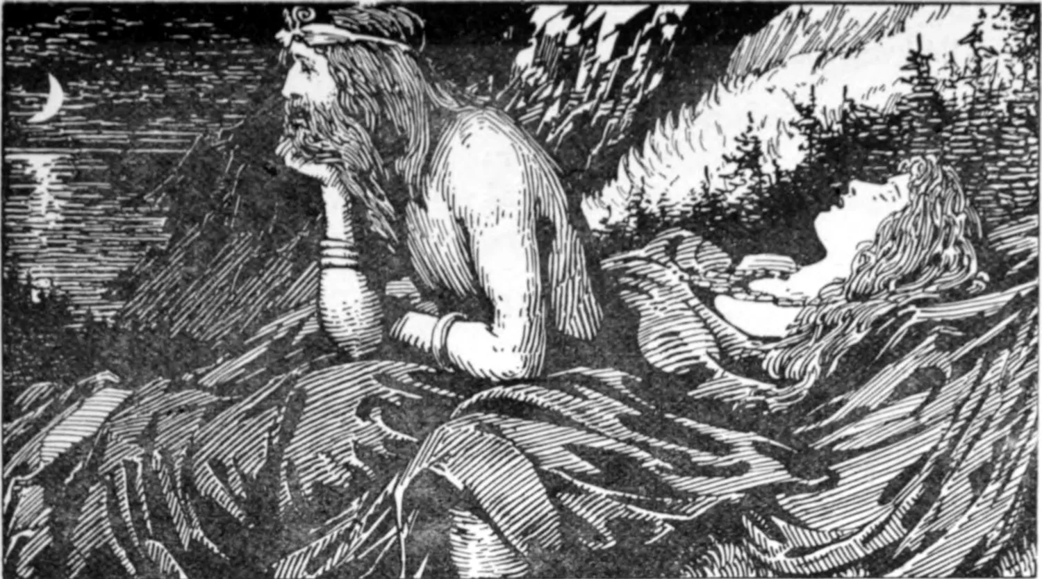 W.G. Collingwood's 1908 plate Njörd's desire of the Sea — the sea-god in profile, chin on hand, gazing across moonlit water while Skadi reclines behind him among the mountain pines.