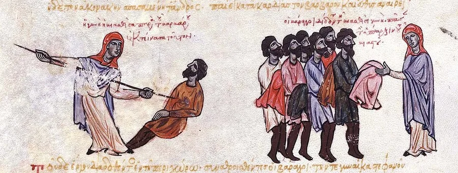 Madrid Skylitzes miniature in two scenes: at left a woman in a red head-cloth drives a spear through a seated, bearded Varangian in an orange tunic; at right five bearded guardsmen file forward to hand her a pink garment, red Greek captions running above and below.