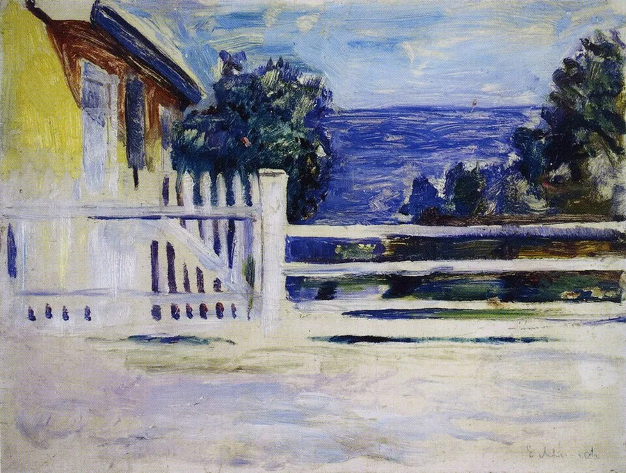 Edvard Munch's 1889 Summer in Åsgårdstrand — a white picket fence and yellow house above the deep blue Oslofjord, painted in the little Vestfold seaside town where Munch summered.
