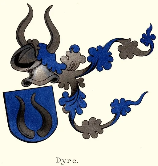 Chromolithograph plate from Danmarks Adels Aarbog (1891): the Dyre family arms — a blue shield bearing two curved grey horns, topped by a steel helm with a bull-horn crest and blue-and-grey foliate mantling — with the name 'Dyre.' lettered beneath on a plain cream ground.