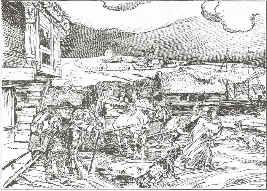 Black-and-white illustration of townspeople hurriedly loading a horse-drawn cart with belongings and driving dogs off as they flee a riverside settlement, ships' masts visible in the background.