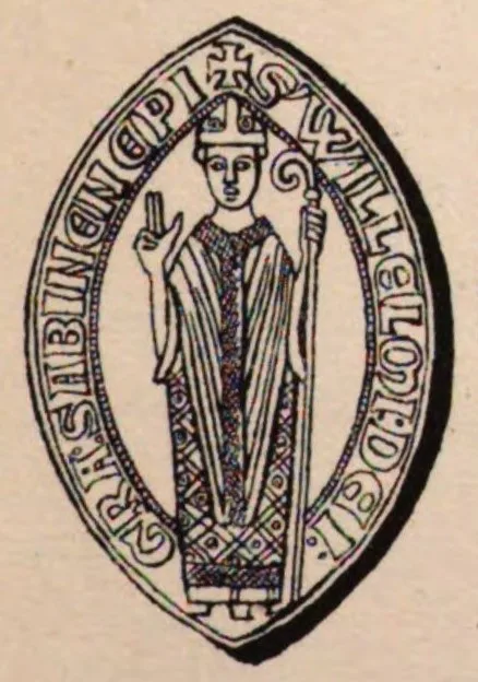 Black-and-white engraving of Cardinal William of Sabina's pointed-oval seal of 1247: a mitred churchman stands with right hand raised in blessing and a crozier in his left, ringed by a Latin legend reading 'S· WILLELMI... SABINEN... EPI'.