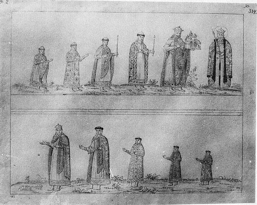 Pen-and-ink 1651 copy of a Kyiv St Sophia fresco: two registers of stylized standing figures wearing Byzantine-style crowns, halos, and patterned robes, one holding a small model of a domed church, on aged paper within a ruled border.
