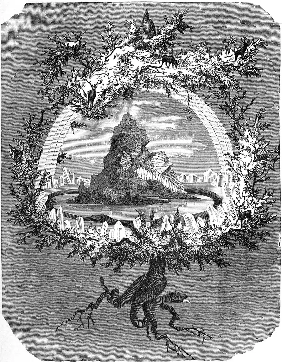 Friedrich Wilhelm Heine's 1886 engraving The Ash Yggdrasil — the world-tree's crown wrapping the ringed world, an eagle at its top, harts among the branches, the serpent gnawing at its roots.