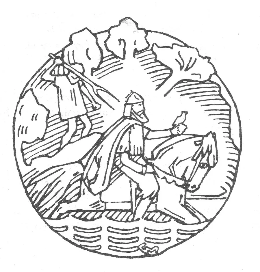 Gerhard Munthe's 1899 roundel vignette of King Dag the Wise of the Yngling line, riding with his sparrow on his outstretched hand.