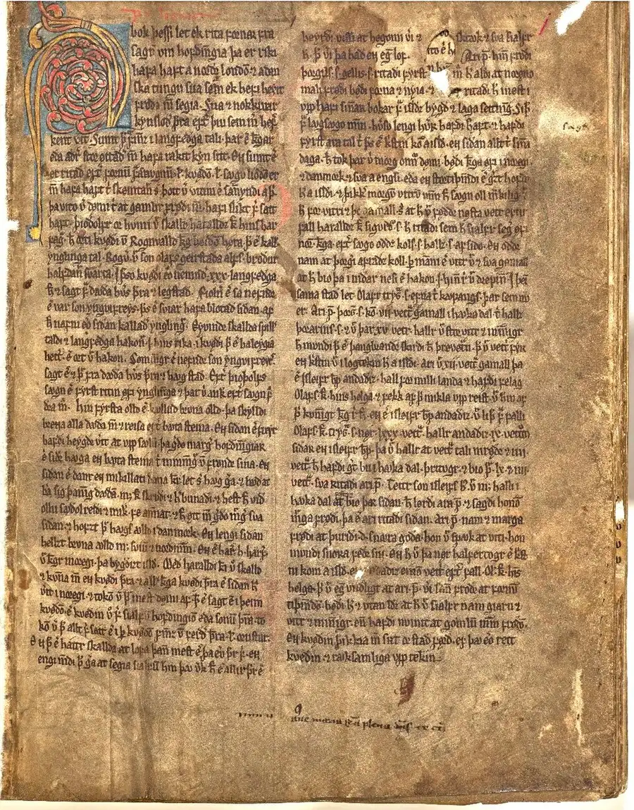 The illuminated first page of Codex Frisianus (c. 1300), the Heimskringla manuscript whose opening leaves carry Ynglinga saga — a decorated initial curling down the left margin.