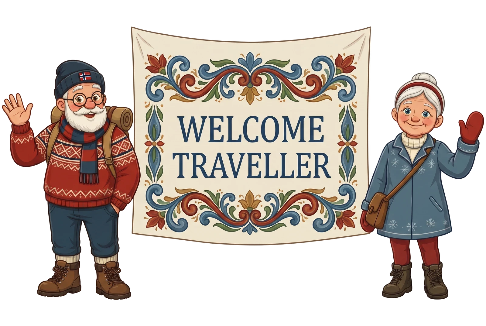 Knut and Frida standing side by side, holding a wooden sign that reads Welcome Traveller