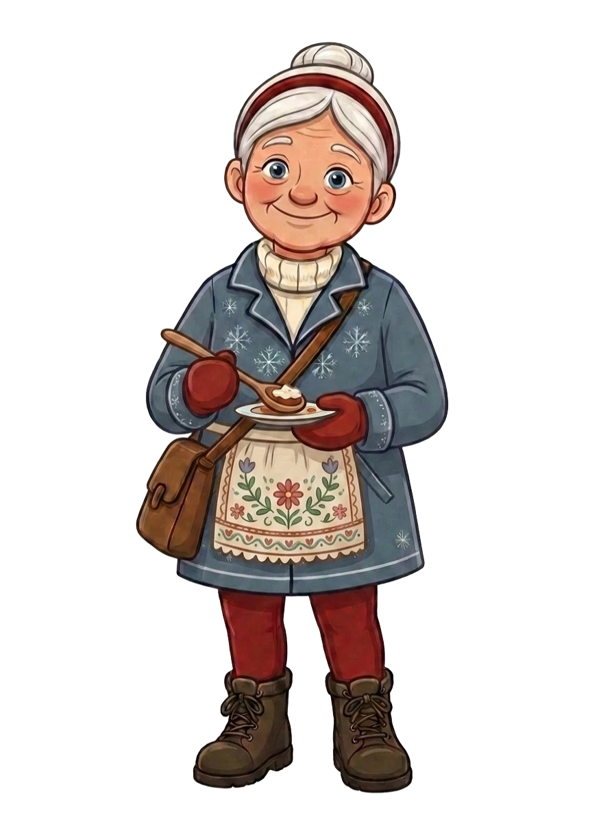 Frida in her apron, standing at the corner of the article header