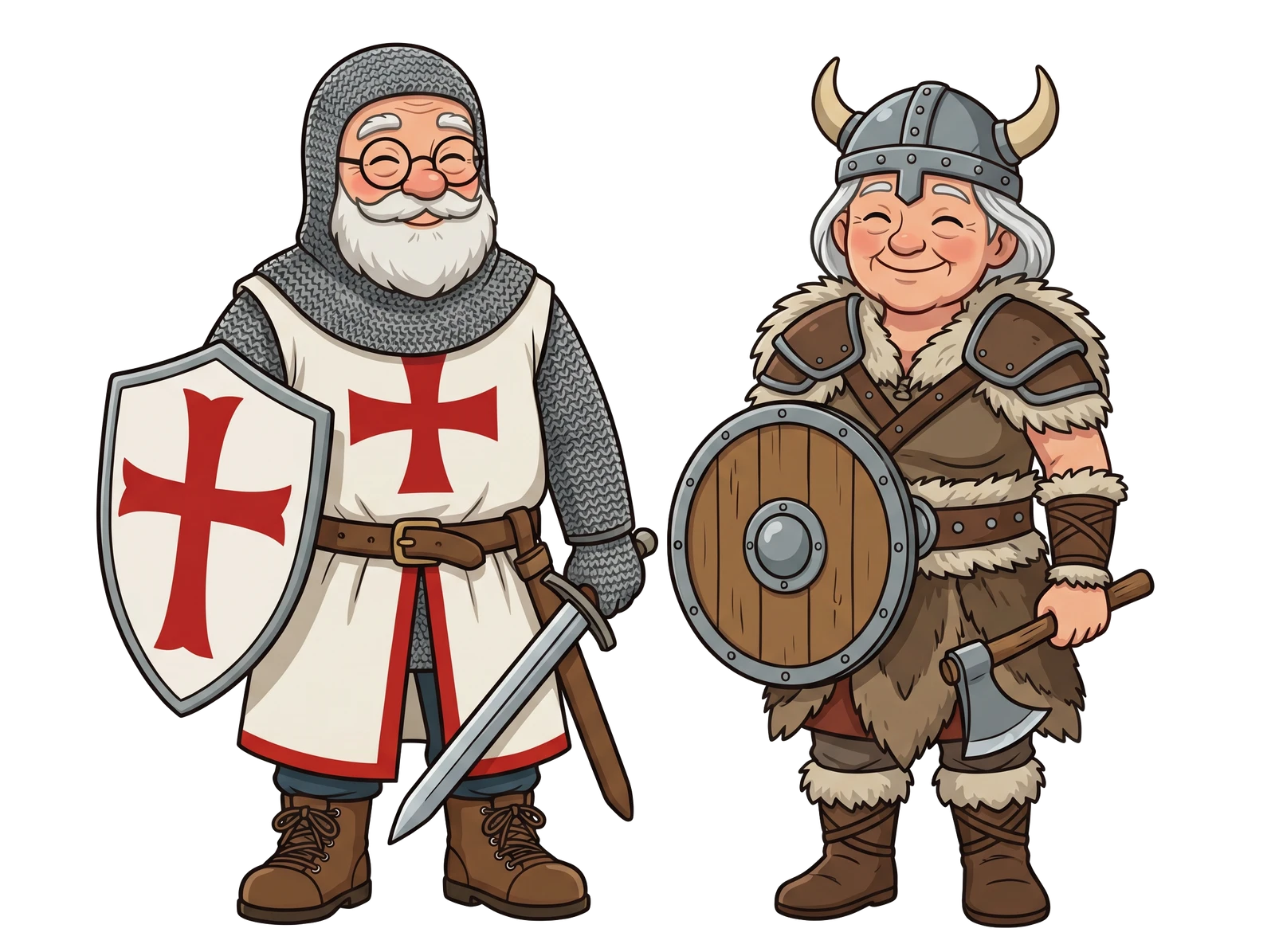 Knut holding a Viking longship and Frida holding a stave-church silhouette