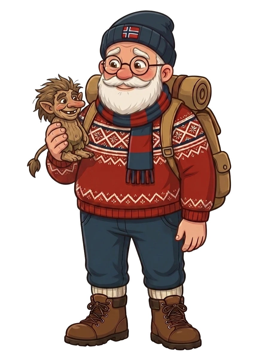 Knut holding a small troll figure, standing at the corner of the article header