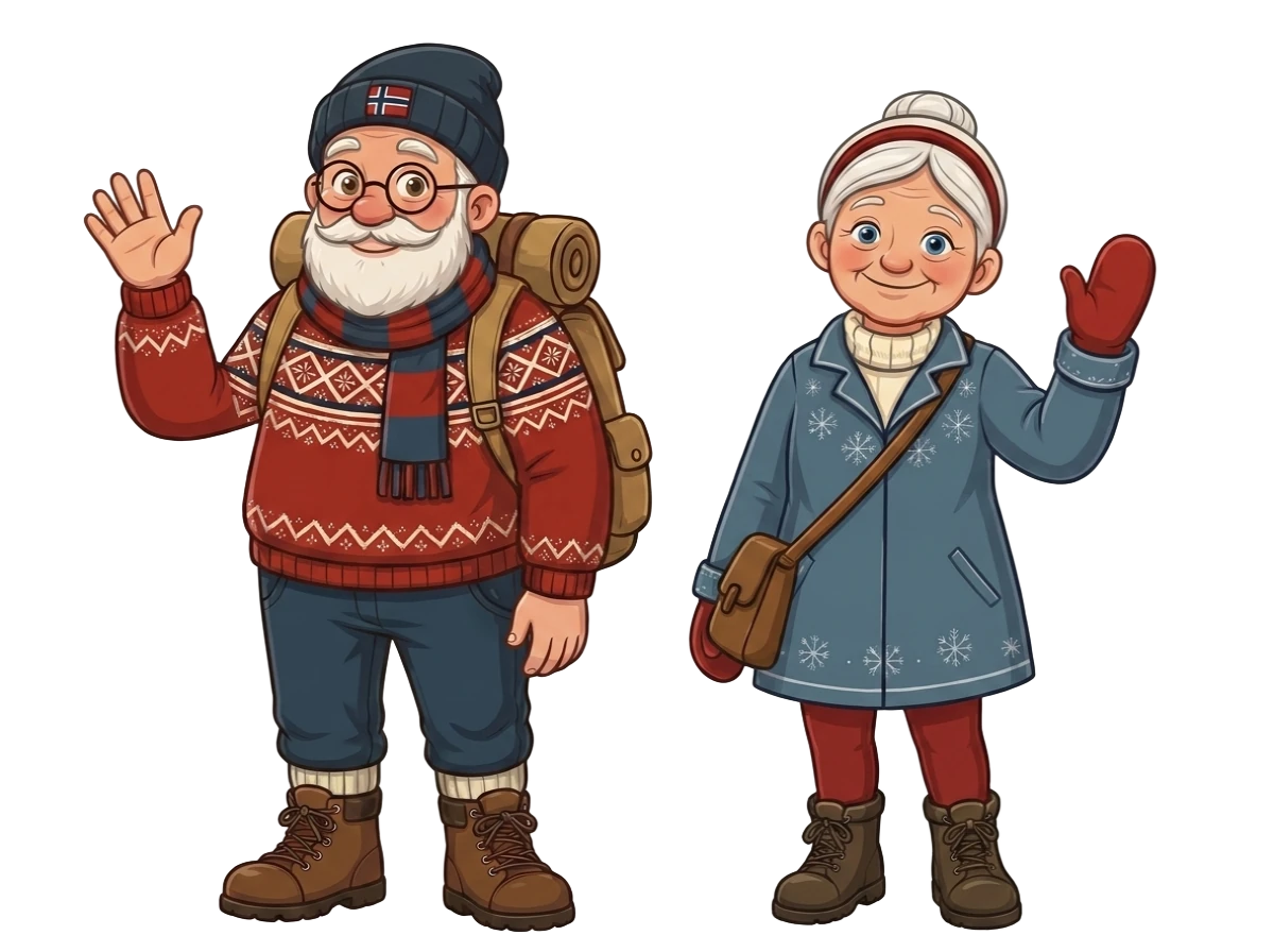 Knut and Frida giving a farewell wave to the reader