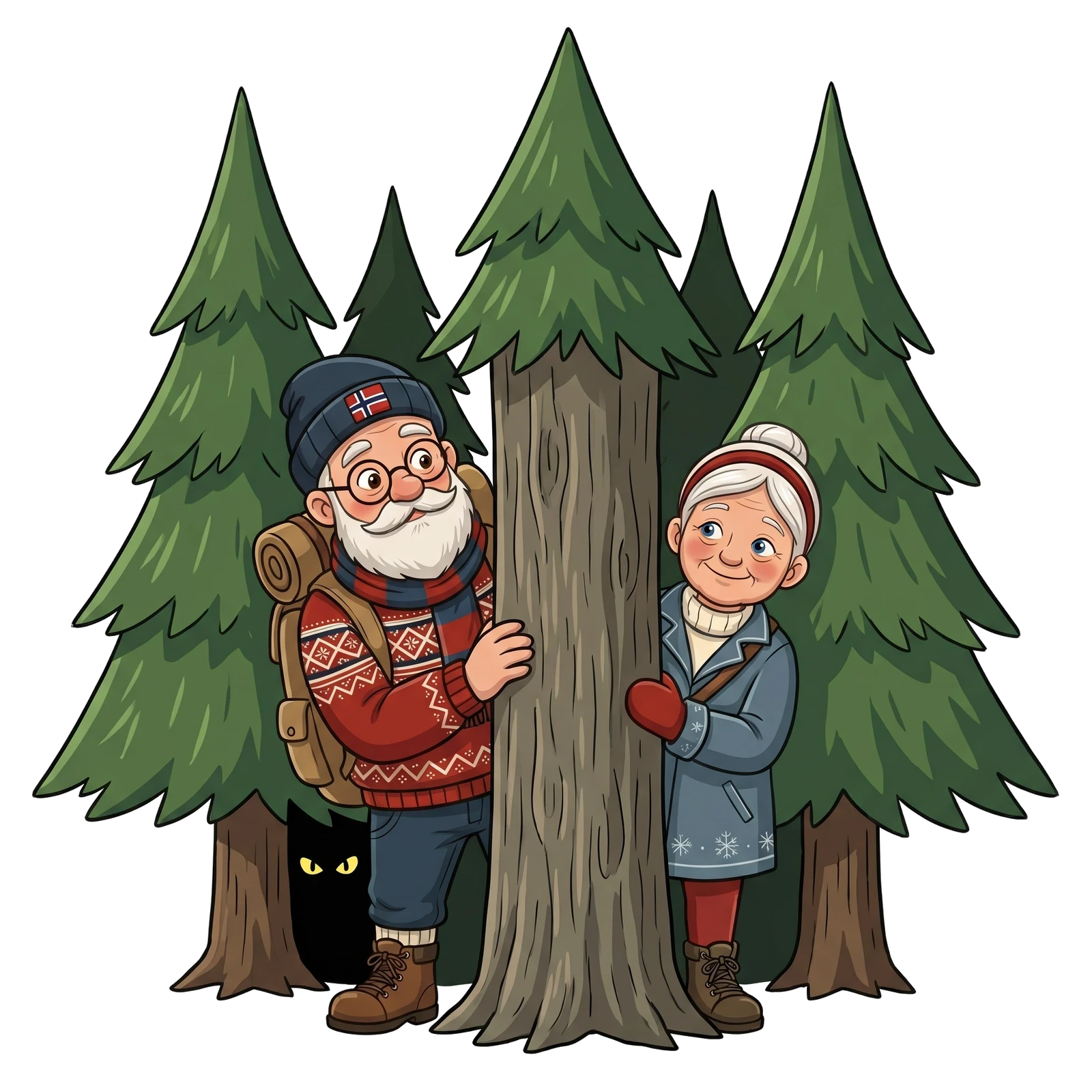Knut and Frida peeking warily into a fir forest